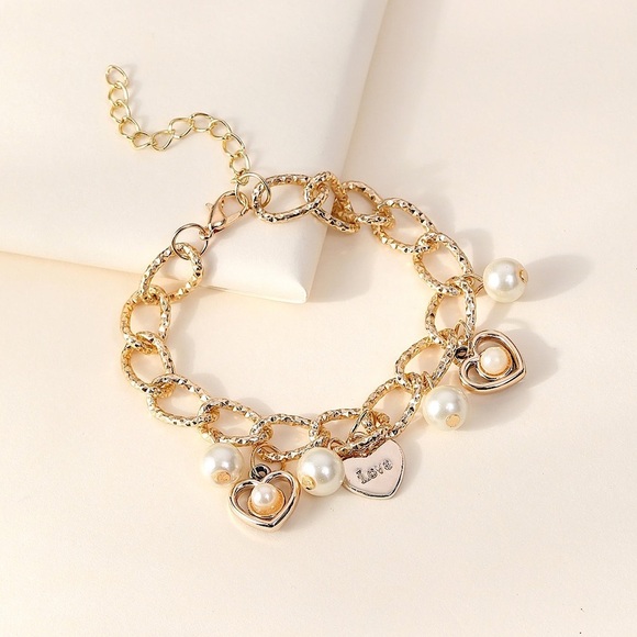 Jewelry - Gold Plated Copper Pearl & Heart Bracelet